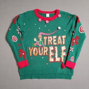 NEW Holiday TimeTreat Your Elf Ugly Christmas Sweater Size Small Green Jeweled